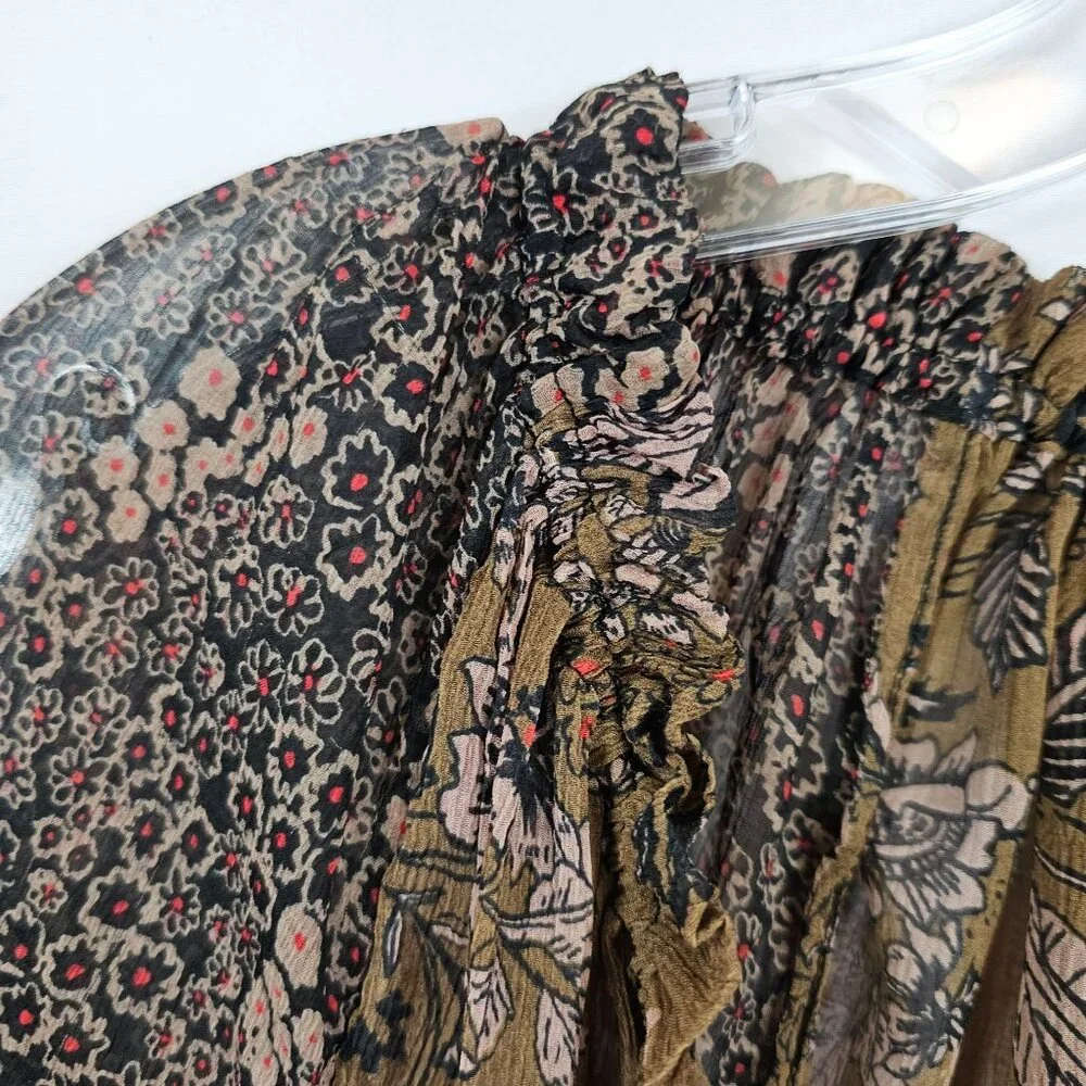 Free People‎ XS Brown Neutral Tone Floral Boho Prairie Cottage Fall Harvest Top